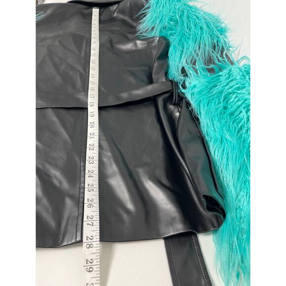 Orttu Freddie Jacket Military Style Faux Fur Black Vegan Faux Leather Aqua Belt - Picture 9 of 14